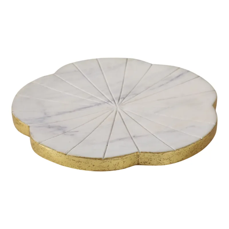 8x8\" Marble Flower Tray W/ Gold Edges, White