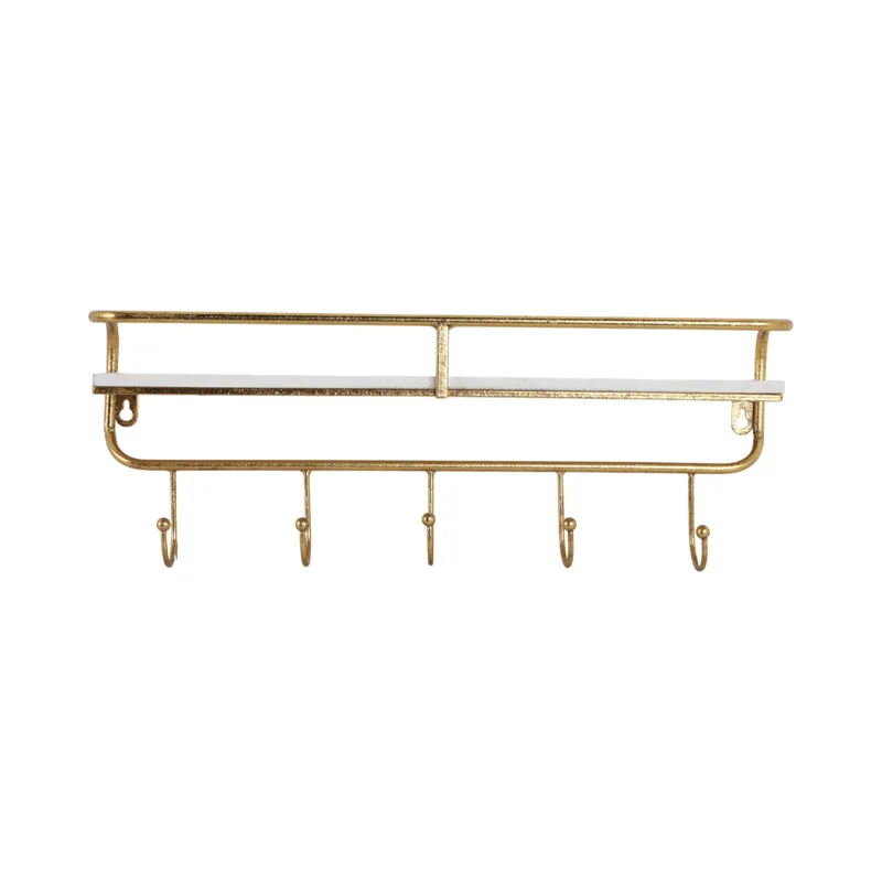 Ec Metal/wood 20\" 5  Hook Wall Shelf, White/gold