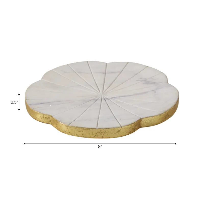 8x8\" Marble Flower Tray W/ Gold Edges, White