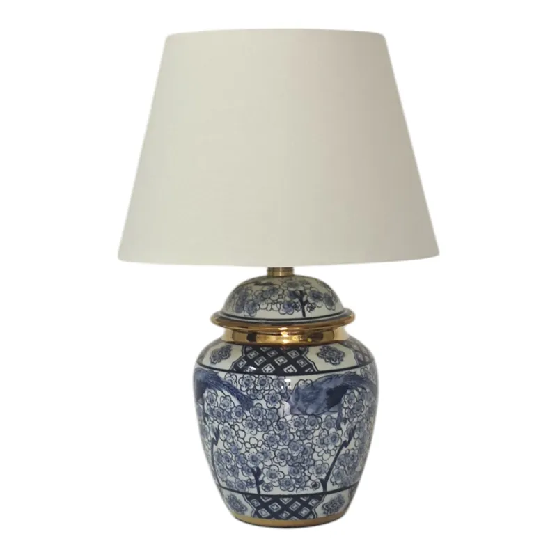 18\" Chinoiserie Table Lamp Gold Trim, White/blue