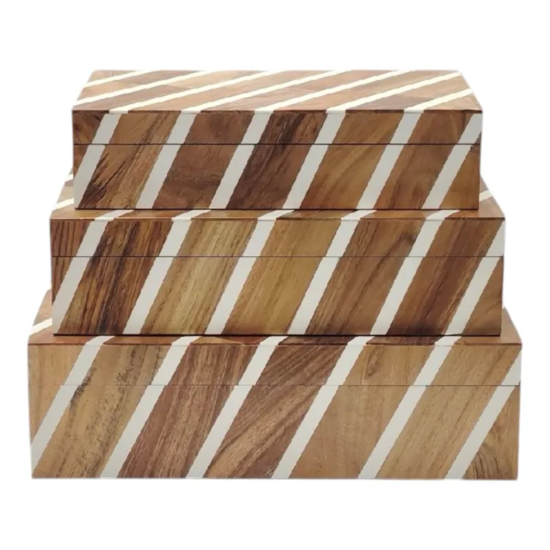 S/3 10/11/12\" Diagonal Lines Boxes, Natural/ivory