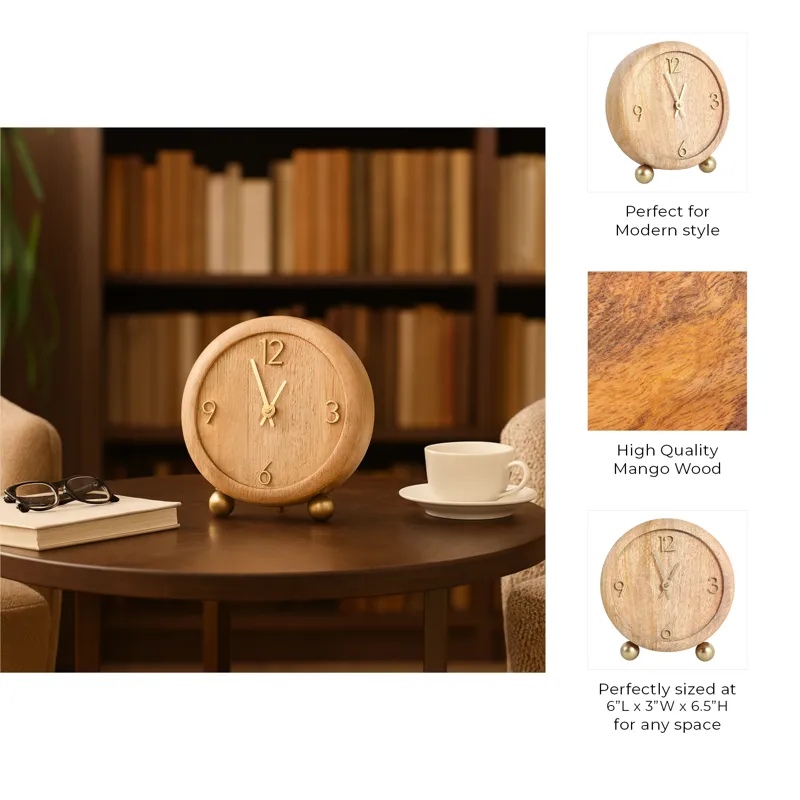 7x6\" Round Footed Clock With Brass Details, Natura