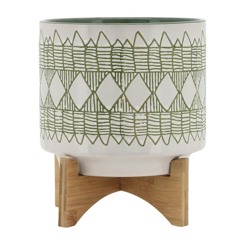 Ceramic 10" Aztec Planter On Wooden Stand, Olive