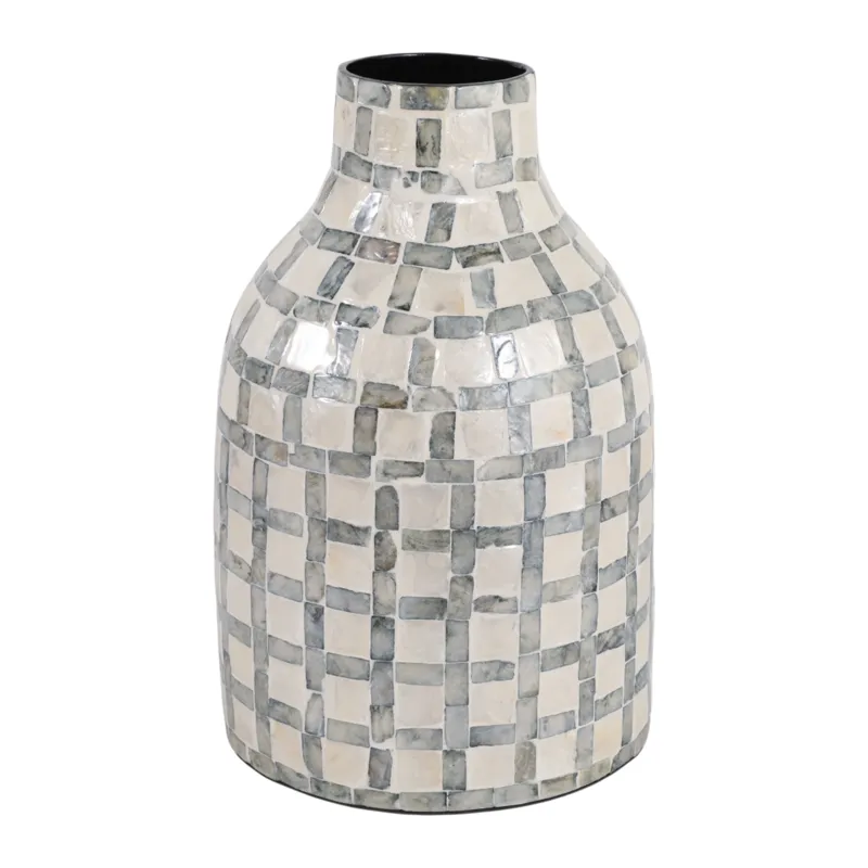 12x8\" Capiz Plaid Vase, Ivory Multi