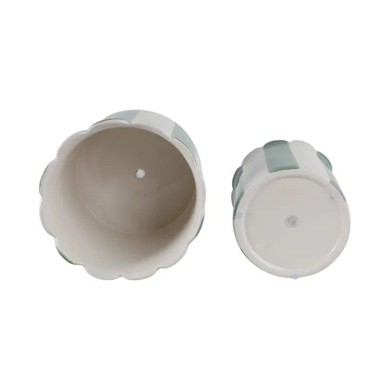 S/2 6/8\" Striped Scallop Edge Planters, White/gn