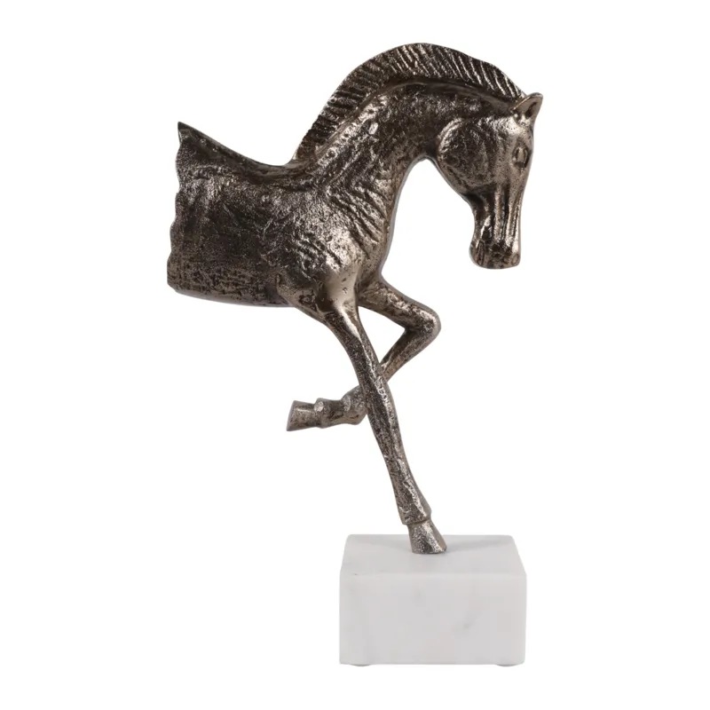 15x9" Galloping Horse On Marble Base, Antique Bras