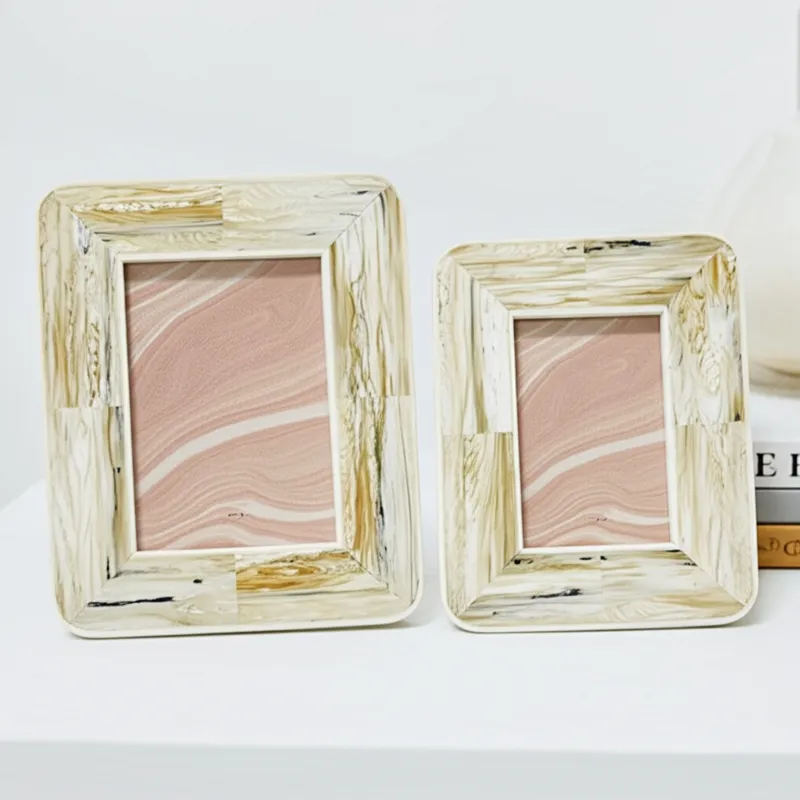 4x6\" Marbled Resin Photo Frame, Ivory/ Brown
