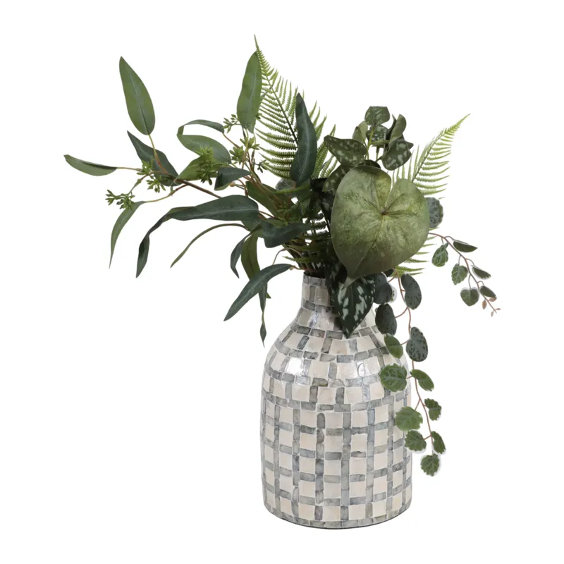 12x8\" Capiz Plaid Vase, Ivory Multi