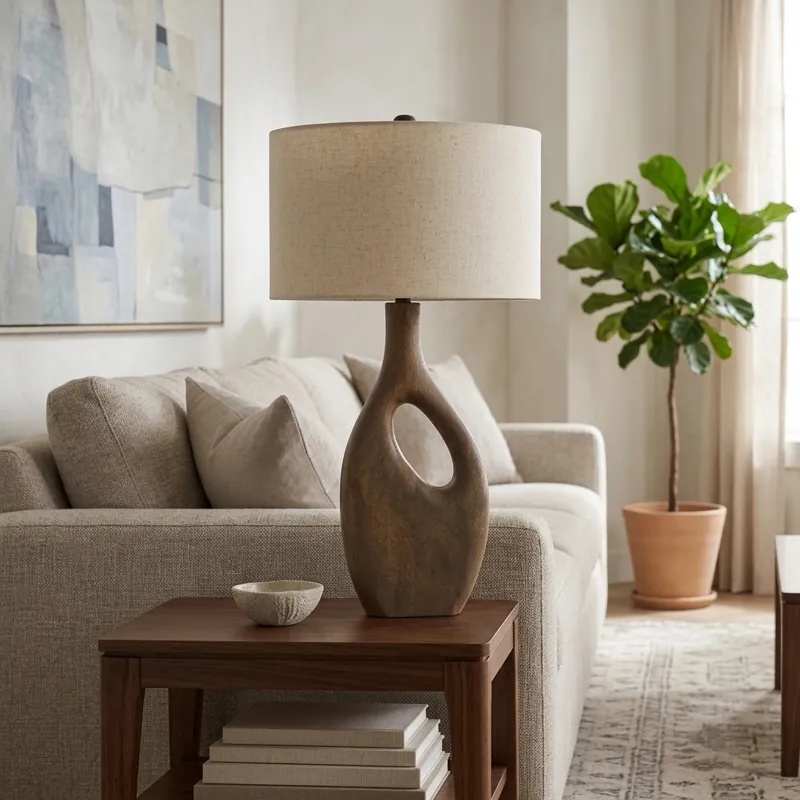 23" Wooden Table Lamp W/cotton Linen Beige Shade