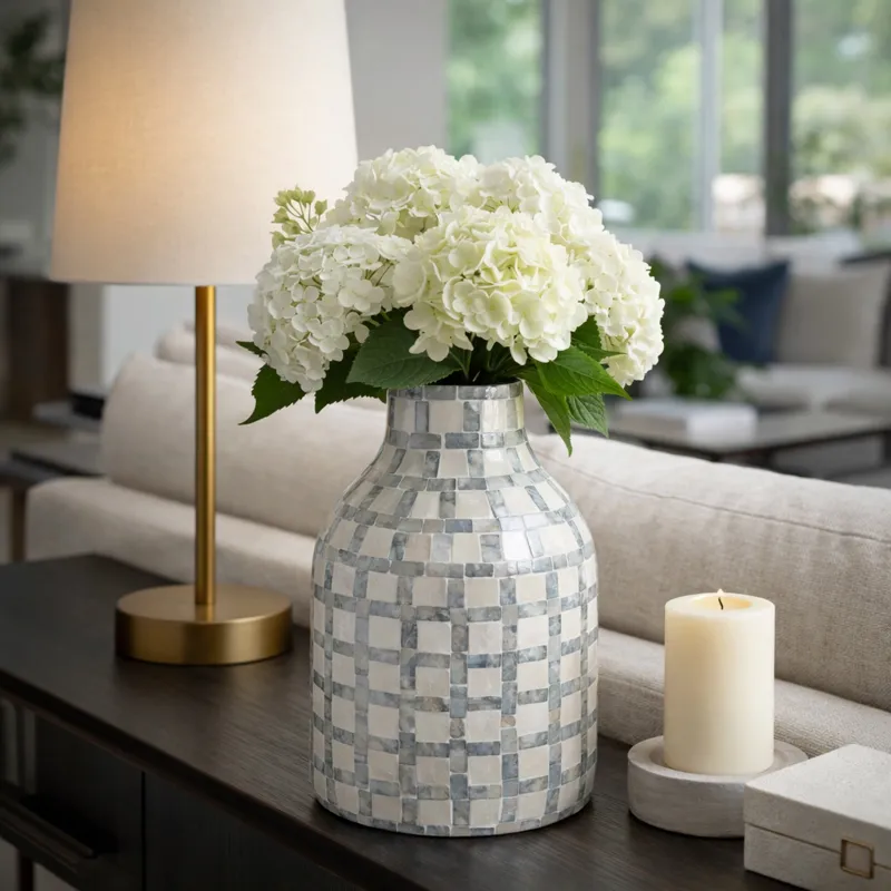 12x8\" Capiz Plaid Vase, Ivory Multi