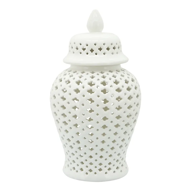 18" Cut-out Clover Temple Jar, White