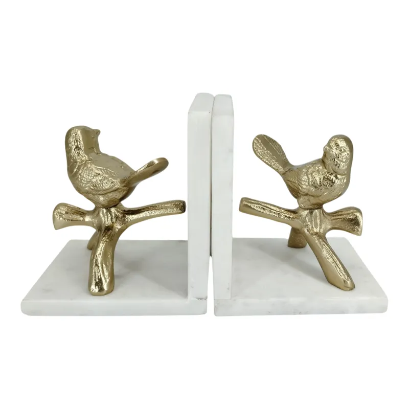 S/2 11\" Bird On Branch Marble Bookend, Gld/wht