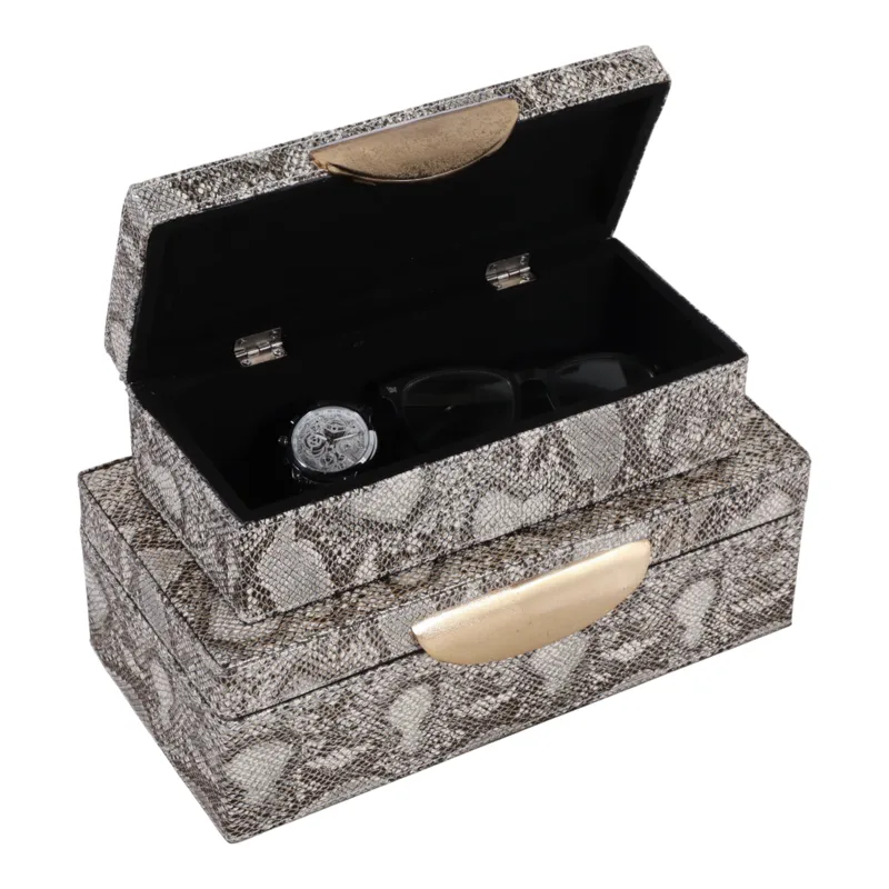 S/2 10/12" Shimmer Snakeskin Boxes W/ Hardware, Go