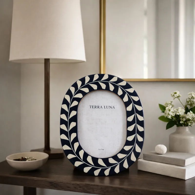 5x7 Vine Inlay Oval Photo Frame, Navy/ivory