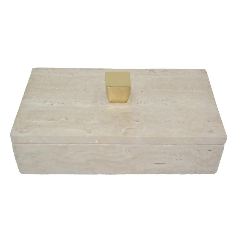 9x5\" Travertine Box With Gold Knob, Tan