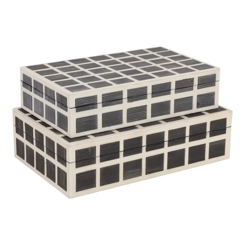 S/2 10/11" Etched Squares Resin Boxes, Ivory/brown