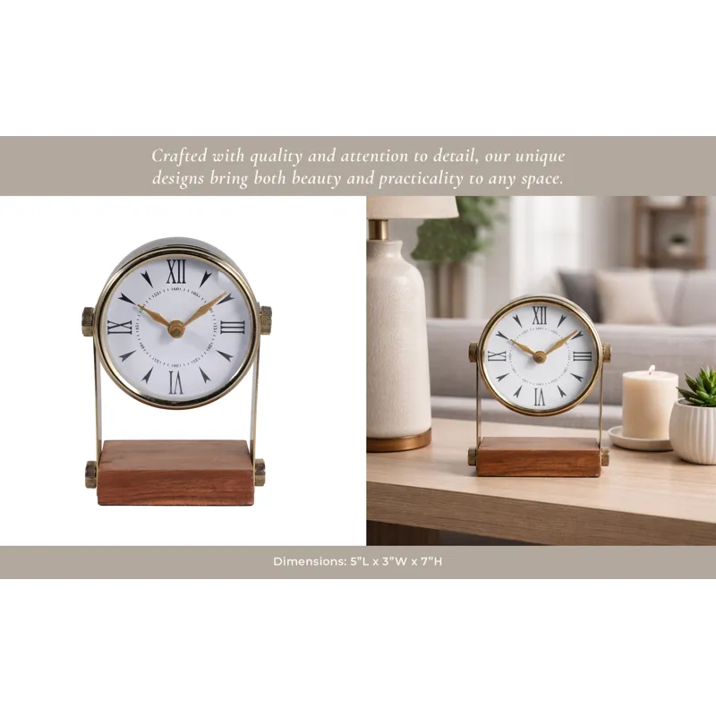 7x5\" Round Clock On Wood Base, Multi