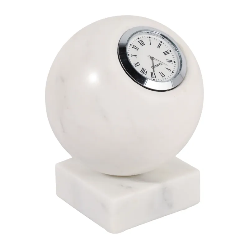 5x4\" Round Marble Clock On Base, White/silver