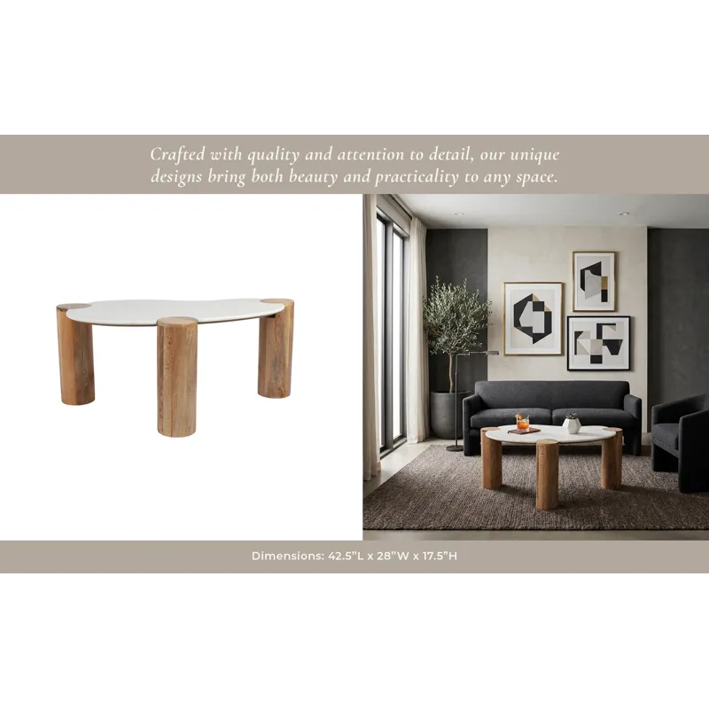 Ec 42x18\" Curved Coffee Table, White/natural