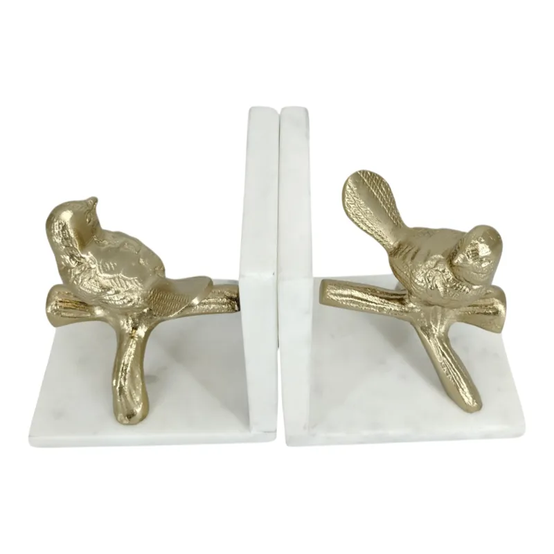 S/2 11\" Bird On Branch Marble Bookend, Gld/wht