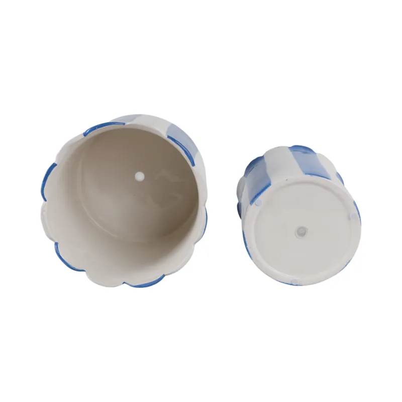 S/2 6/8\" Striped Scallop Edge Planters, White/blue