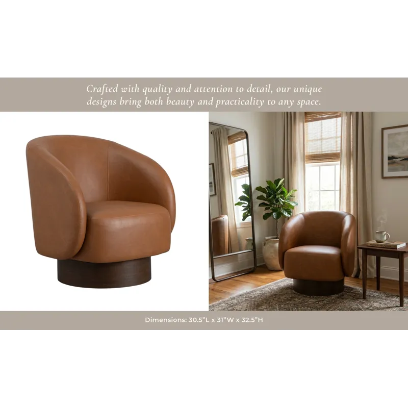 32x31" Faux Leather Swivel Accent Chair, Brown