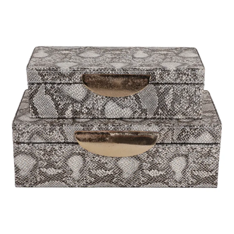 S/2 10/12" Shimmer Snakeskin Boxes W/ Hardware, Go