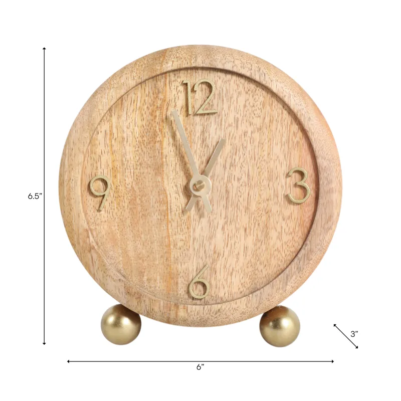 7x6\" Round Footed Clock With Brass Details, Natura