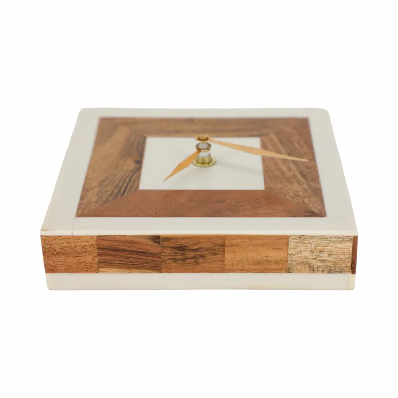 5\" Square Resin Clock With Wood Inlay, Ivory/natur
