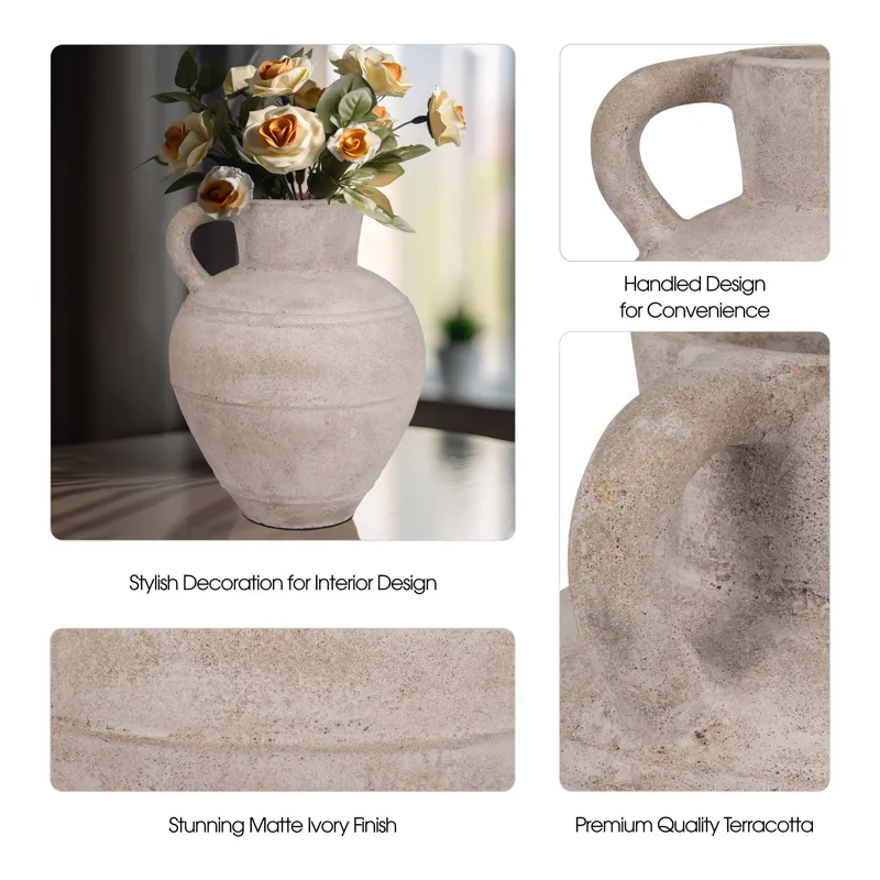 Terracotta, 22\" Jug Vase W/ Handle, Ivory