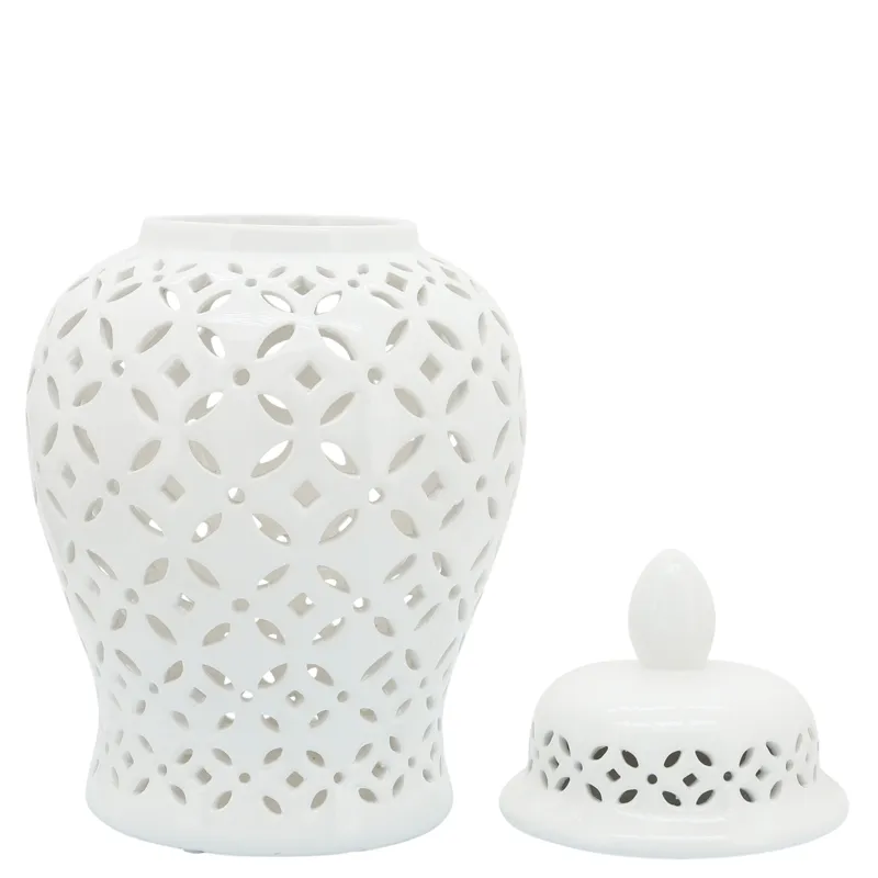 18" Cut-out Daisies Temple Jar, White