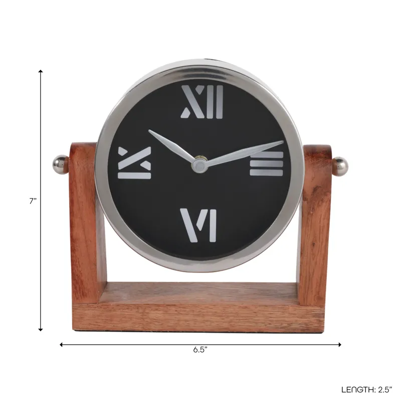 7x7\" Clock On Wood Base, Natural/silver
