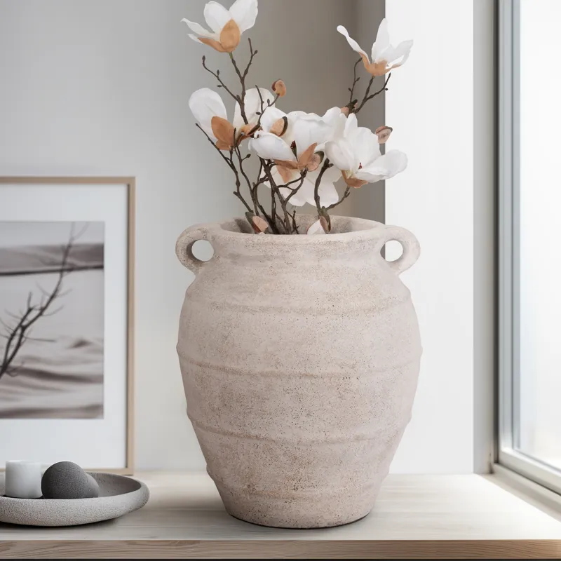 Terracotta, 16\" Mini Handle Jug Vase, Ivory