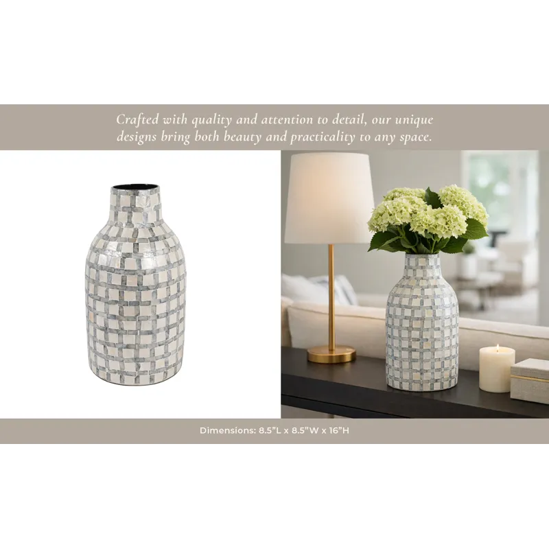 15x9\" Capiz Plaid Vase, Ivory Multi