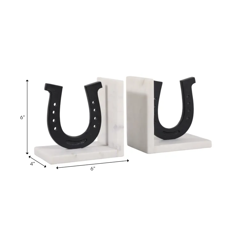 S/2 6\" Horseshoe Bookends On Marble, Black/white