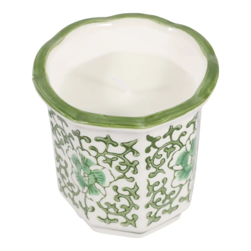 4\", 6oz Fluted Chinoiserie Candle, Green/white