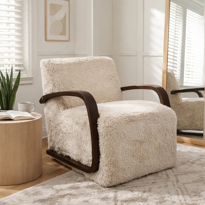 32x31" Faux Fur Accent Chair, Ivory/brown