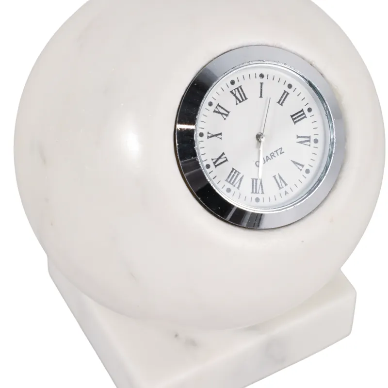 5x4\" Round Marble Clock On Base, White/silver