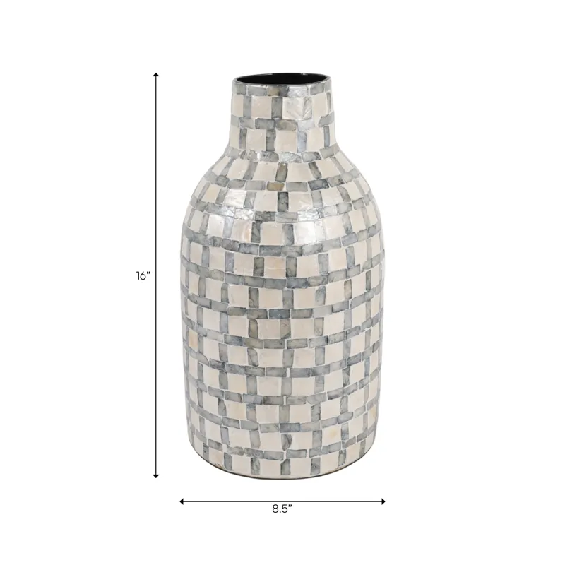 15x9\" Capiz Plaid Vase, Ivory Multi