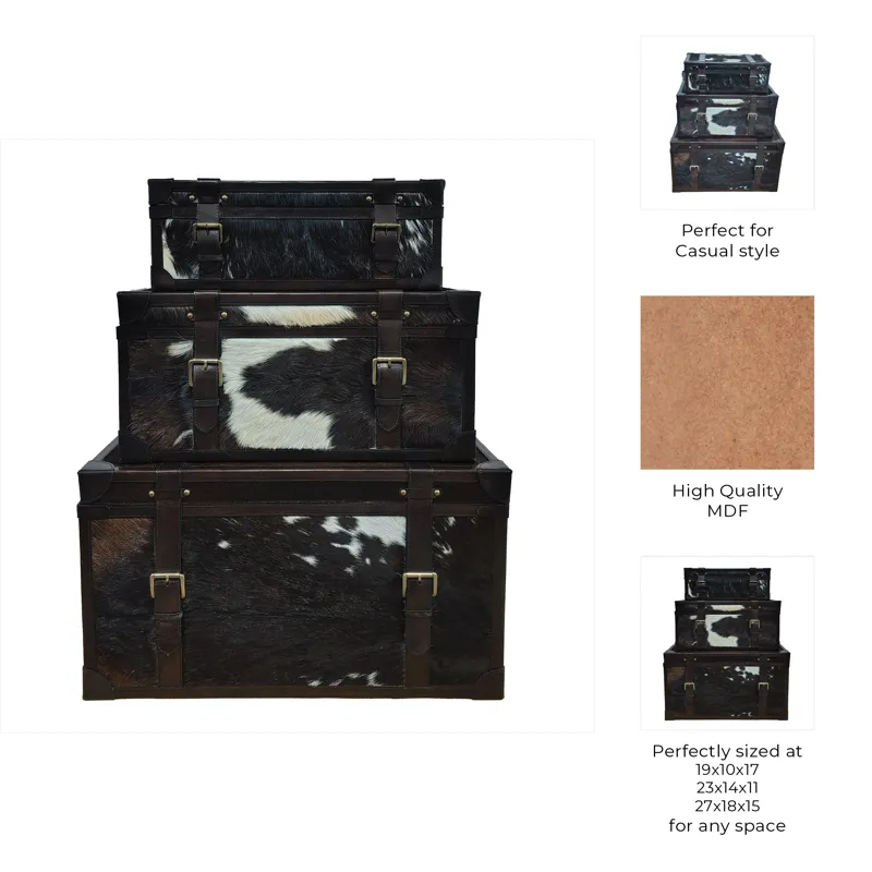 S/3 19/23/27\" Hair On Hide Cow Print Trunks, Multi