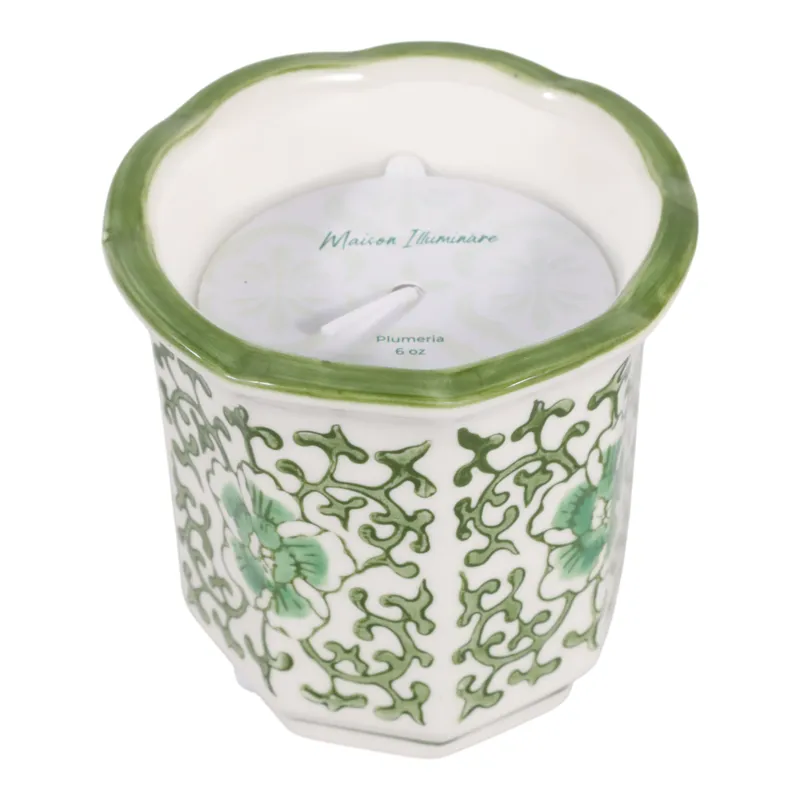 4\", 6oz Fluted Chinoiserie Candle, Green/white