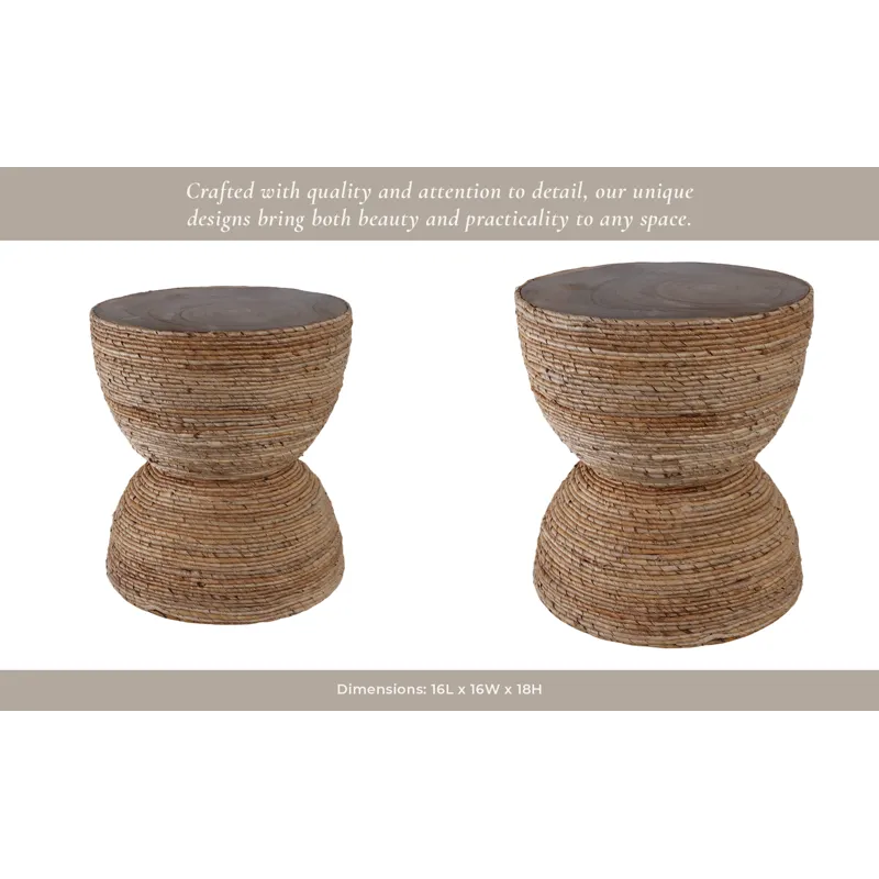 18\" Teakwood Accent Table W/woven Banana Leaf, Nat