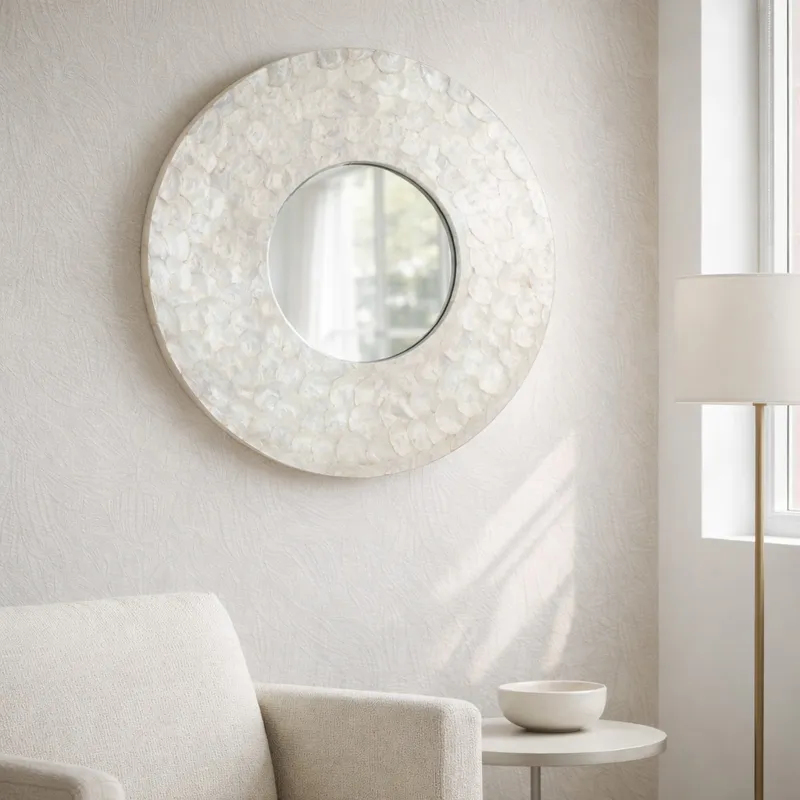 27" Round Capiz Mirror, Ivory