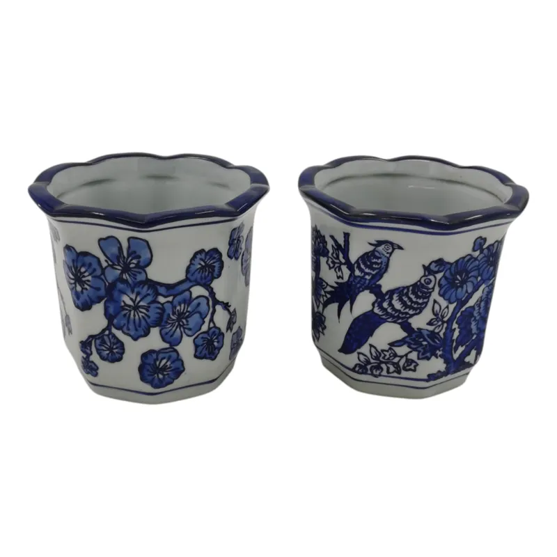 S/2 4\" Petal Trim Chinoiserie Pencil Cups, Blu/wht