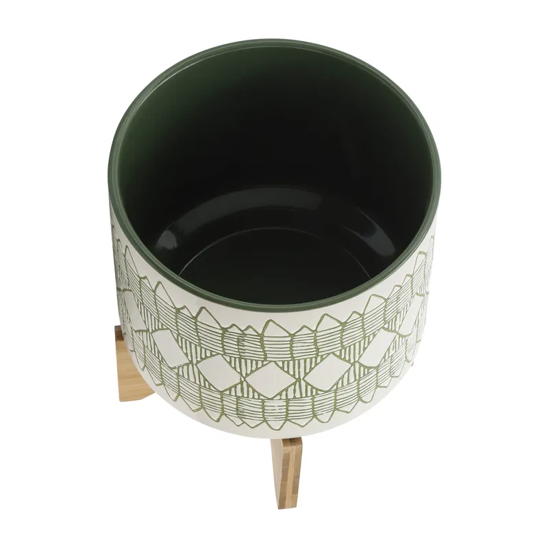 Ceramic 10" Aztec Planter On Wooden Stand, Olive
