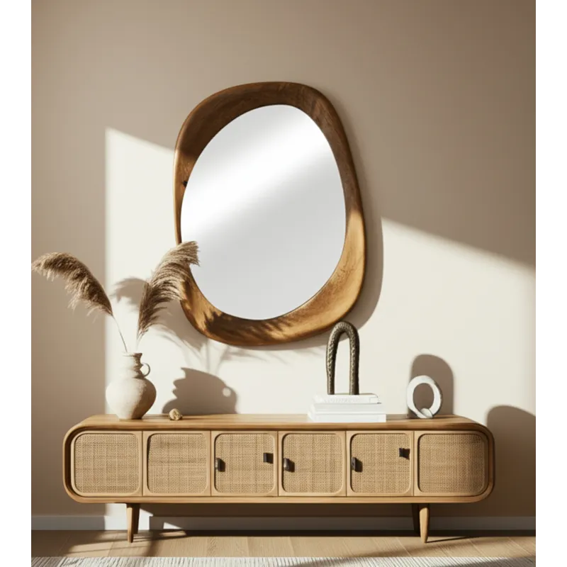 36x25" Organic Shaped Wood Mirror, Natural