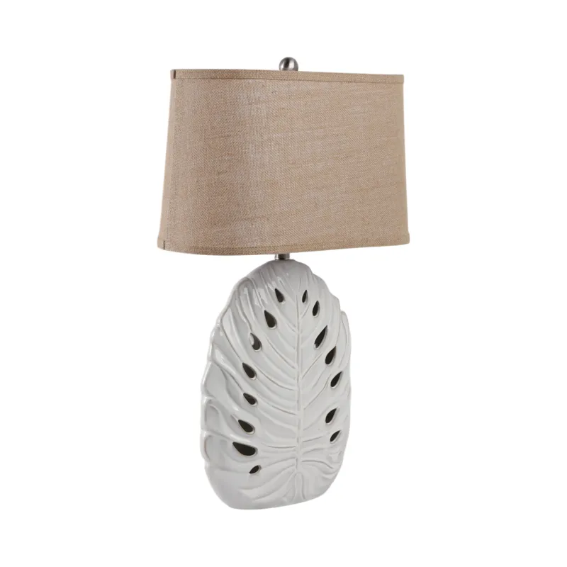 29x18\" Pierced Leaf On Ceramic Lamp, White