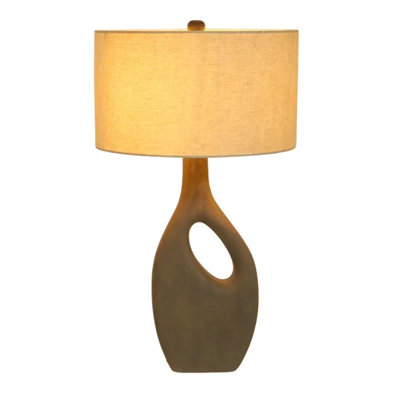 23" Wooden Table Lamp W/cotton Linen Beige Shade