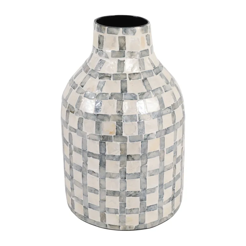 12x8\" Capiz Plaid Vase, Ivory Multi
