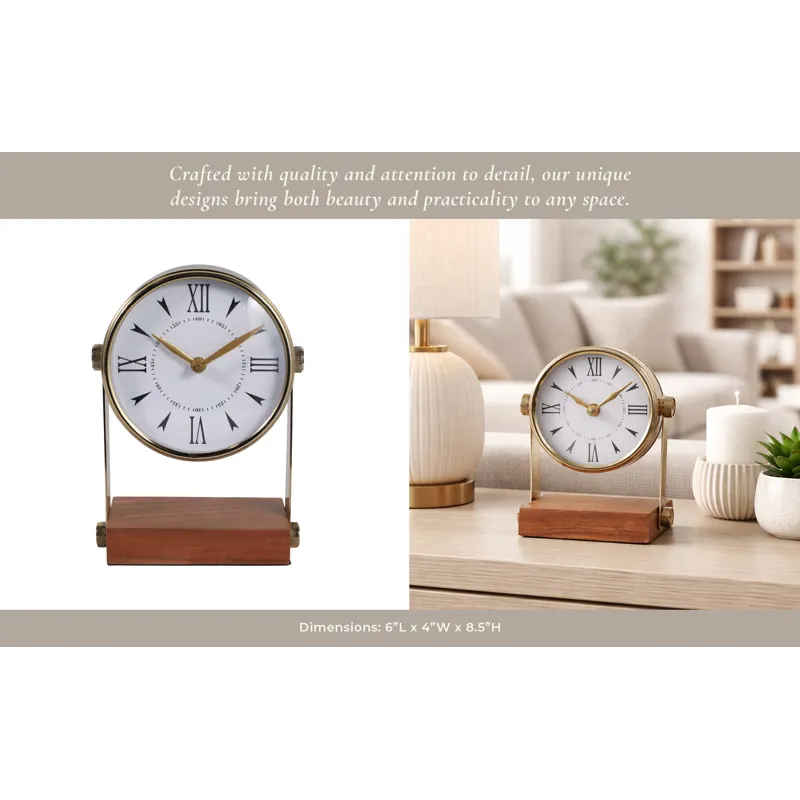 9x7\" Round Clock On Wood Base, Multi